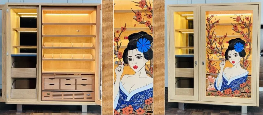 zigarrenschrank humidor graphik geisha tattoo Likörschrank
